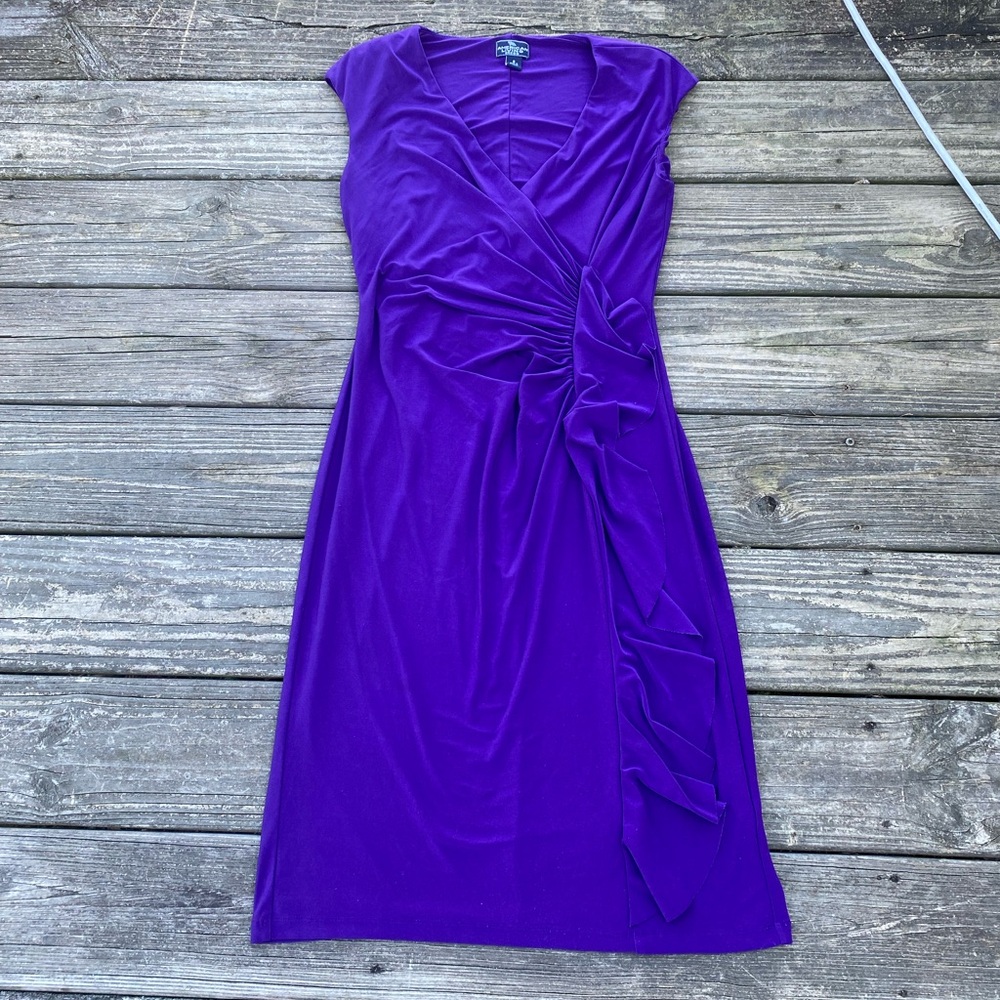 American Living purple dress front ruffle ruched drape size 8 long elegant
